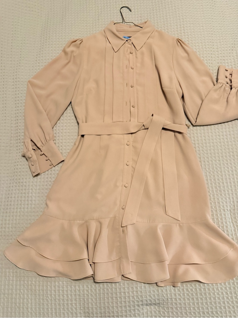 Alex Marie Beige Long-Sleeve Button-Front Belted Ruffle Dress